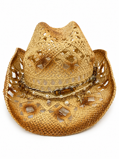 Sombrero Cowboy Tejido con Detalles en Perlas y Conchas